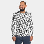 Front view of the men's TOO MUCH KANJI long-sleeve BJJ rash guard in White and  Black on a model