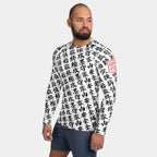 Man wearing the SPARS men's TOO MUCH KANJI long-sleeve BJJ rash guard in White and Black, with white kanji and a red seal on the left sleeve