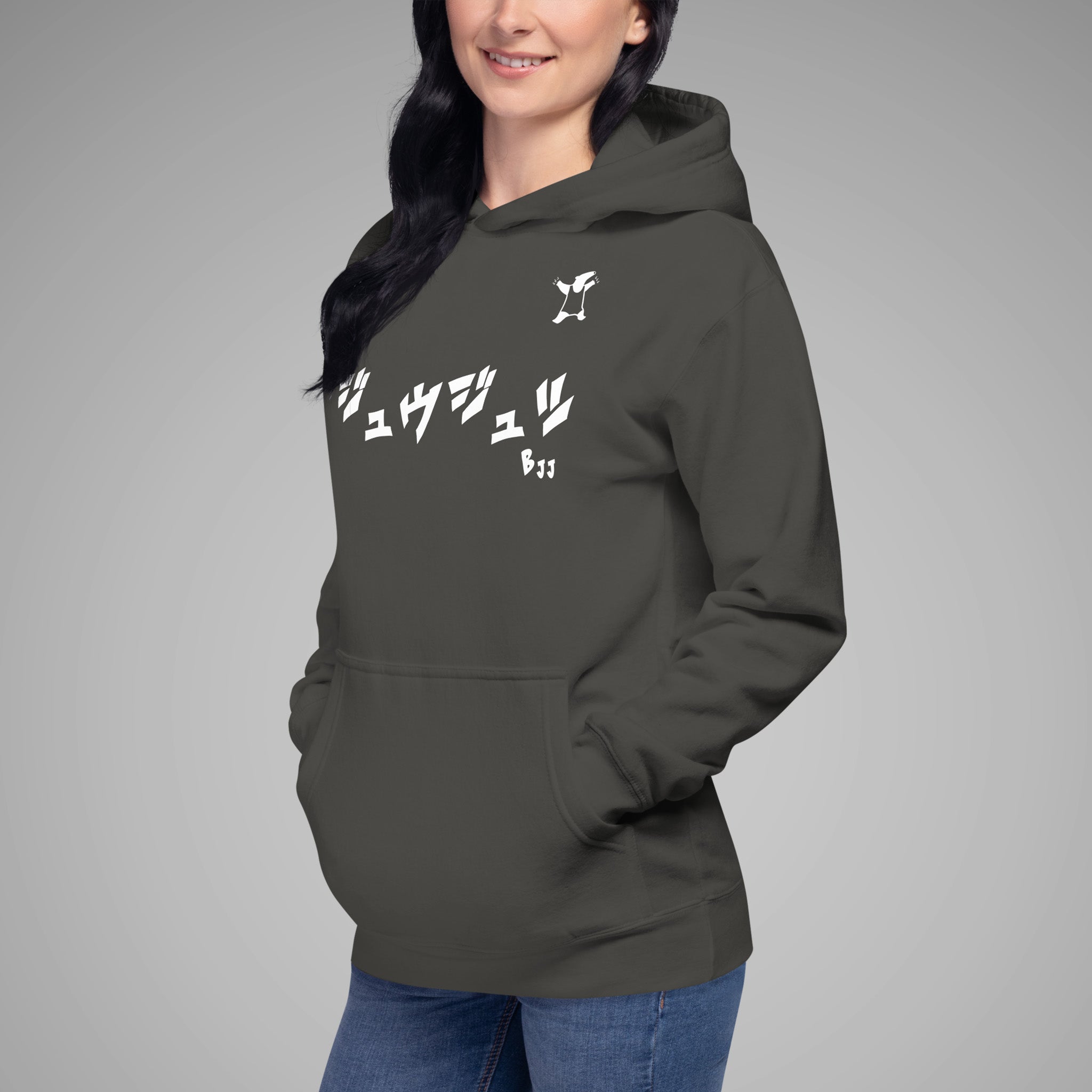 Women's Premium Pullover Hoodie BJJ KATAKANA Vintage Black Left Front view 1