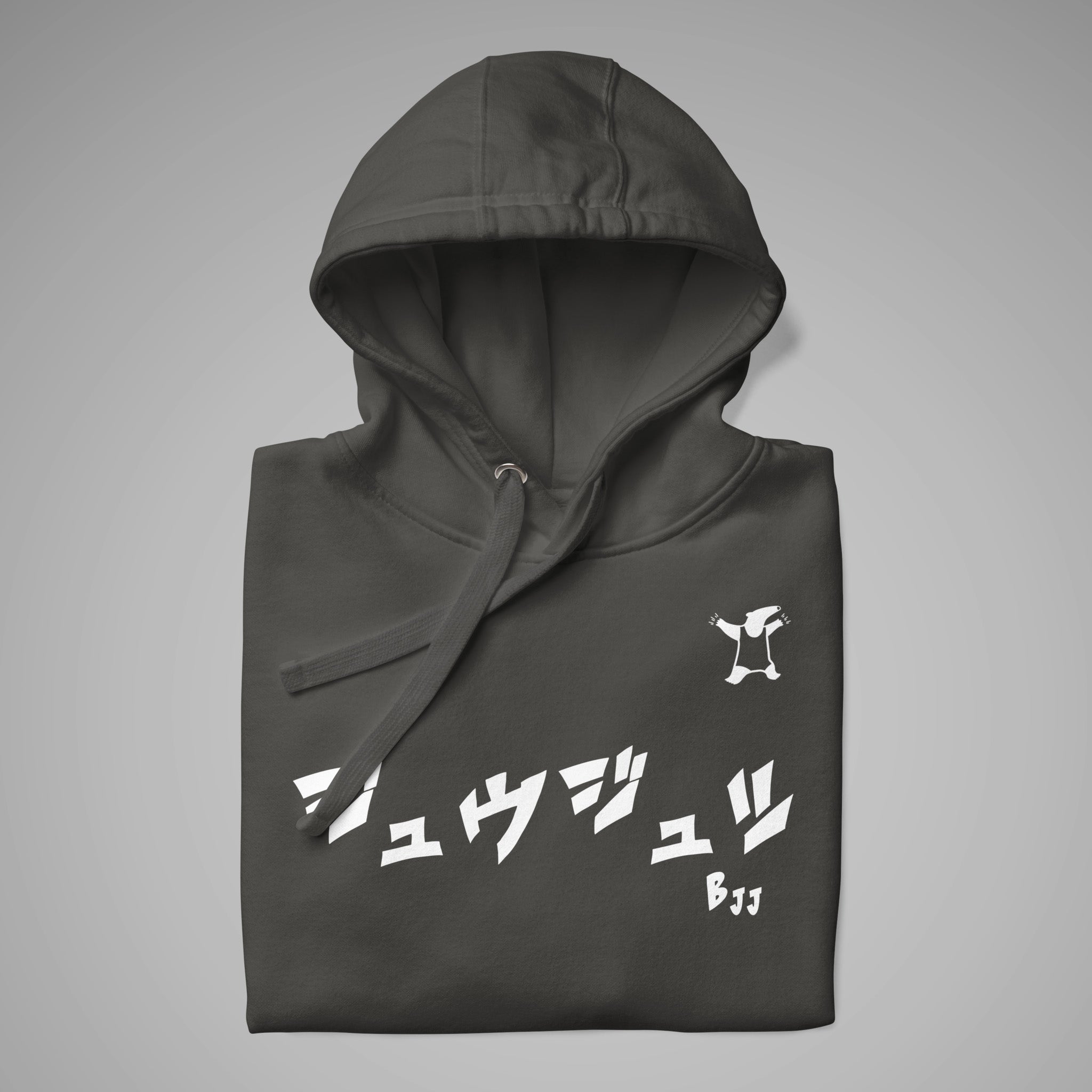 Premium Pullover Hoodie BJJ KATAKANA Vintage Black 
Texture Close-up View 1a