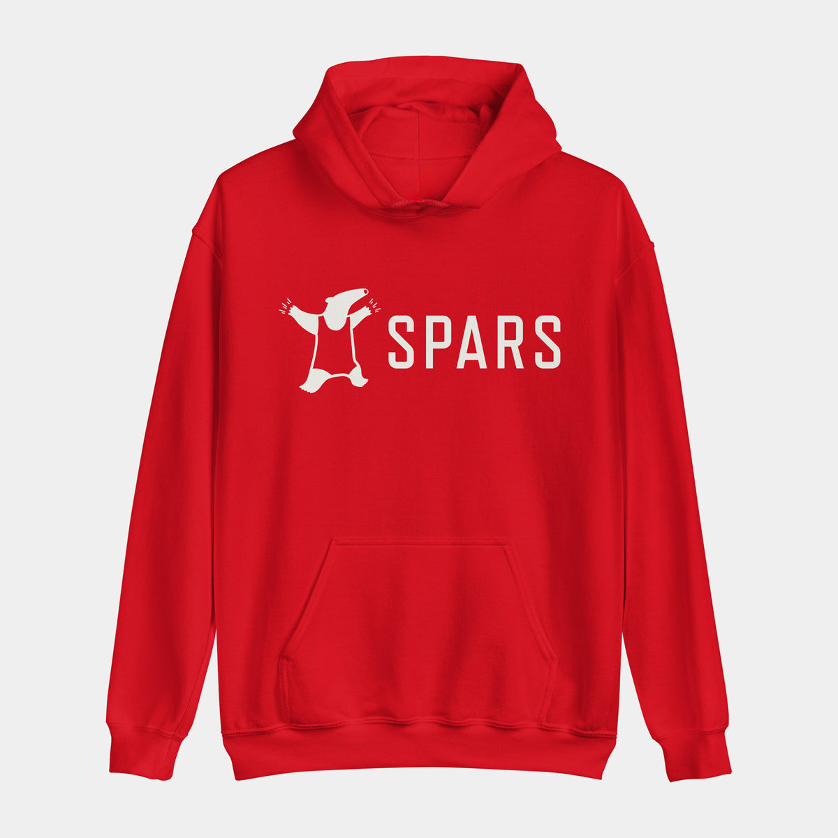 SPARS Logo Daily Hoodie, unisex, in red with an off-white anteater logo and SPARS wordmark across the chest