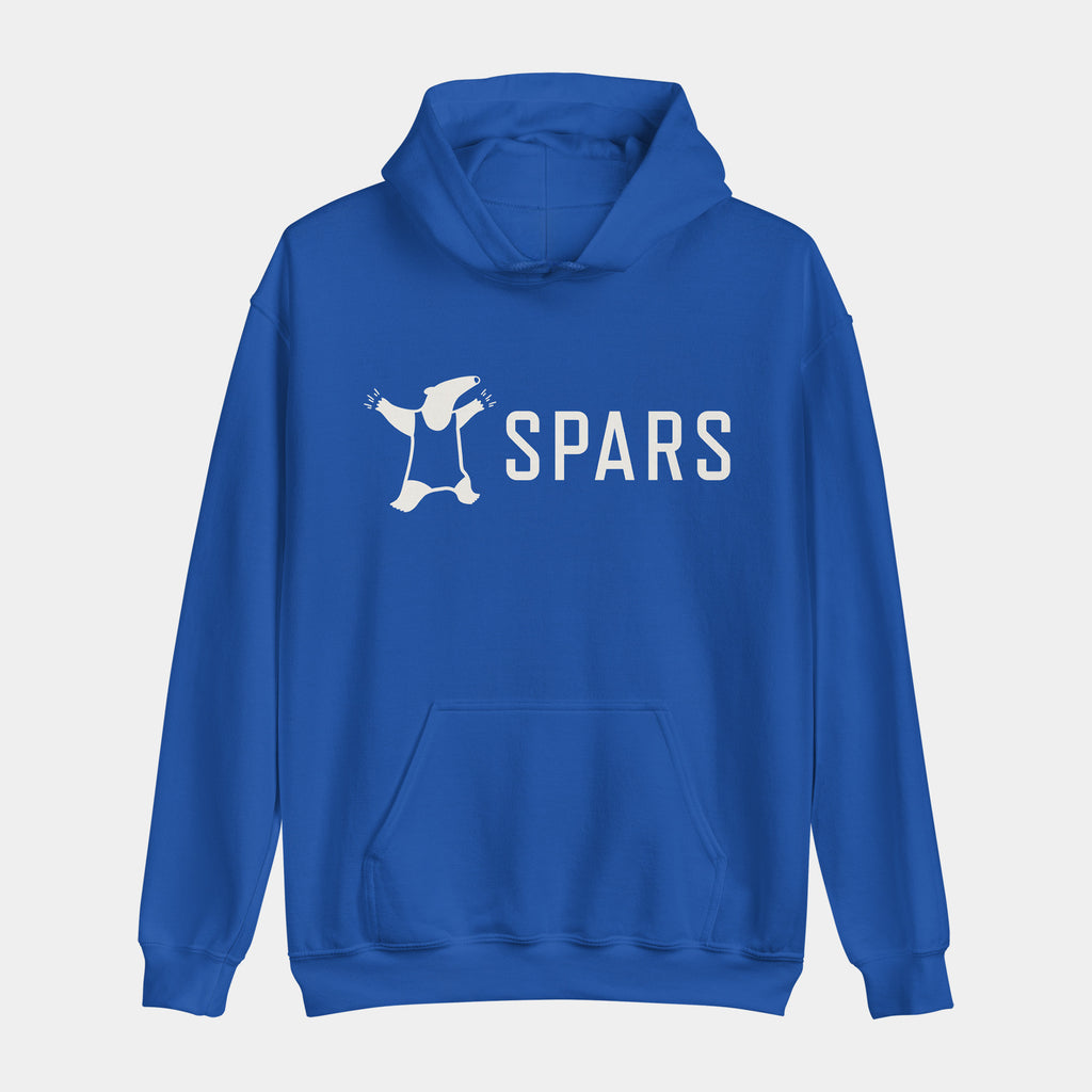 SPARS Logo Daily Hoodie, unisex, in royal blue with an off-white anteater logo and SPARS wordmark across the chest