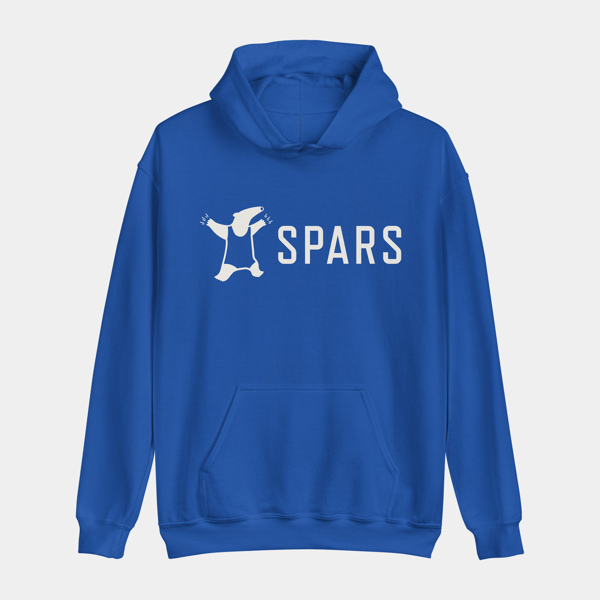 SPARS Logo Daily Hoodie, unisex, in royal blue with an off-white anteater logo and SPARS wordmark across the chest