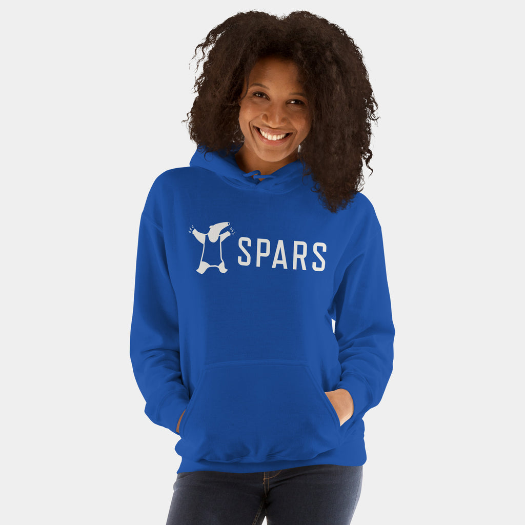 SPARS Logo Daily Hoodie, unisex, in royal blue, worn by a smiling model with curly hair and hands in the front pouch pocket