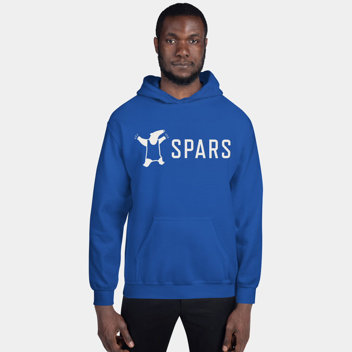 SPARS Logo Daily Hoodie, unisex, in royal blue, worn by a male model with the anteater logo and SPARS wordmark on the chest