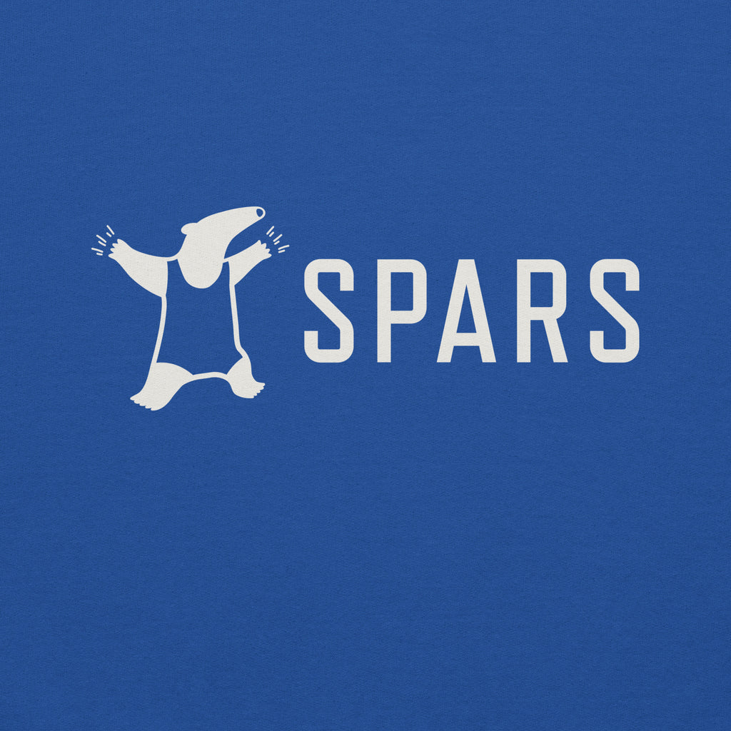 SPARS Logo Daily Hoodie, unisex, in royal blue, close-up of the off-white anteater logo and SPARS wordmark print