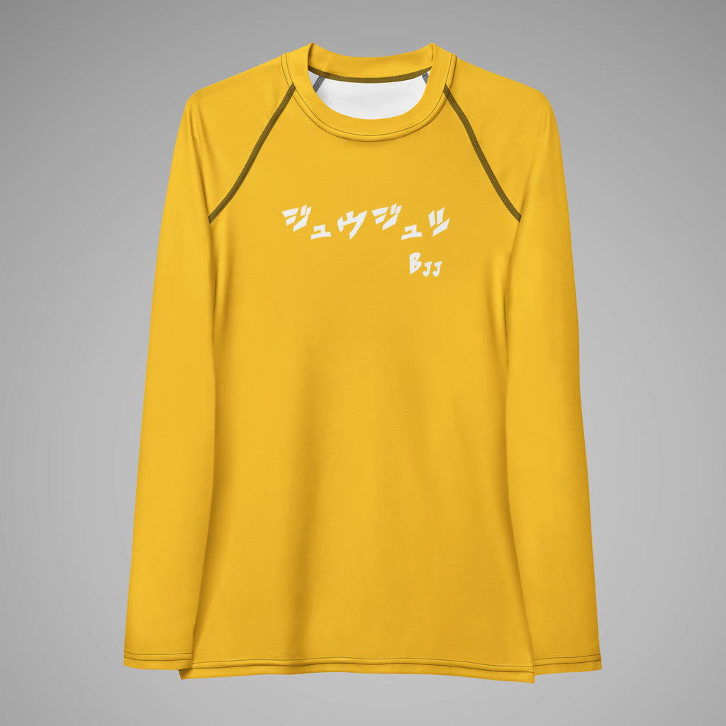 Women's BJJ Long Sleeve Rash Guard - BJJ KATAKANA_Yellow_Front_1