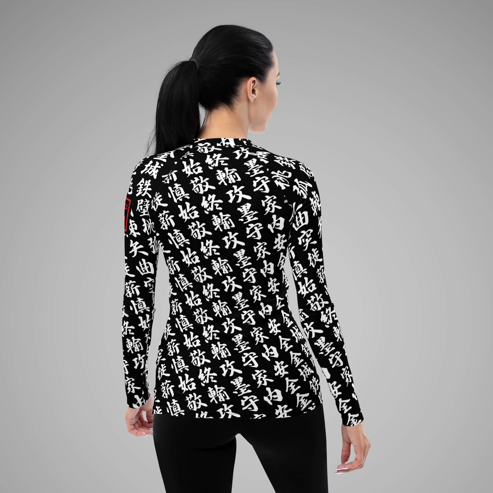 Women's BJJ Long Sleeve Rash Guard TOO MUCH KANJI Black/White Back view 2