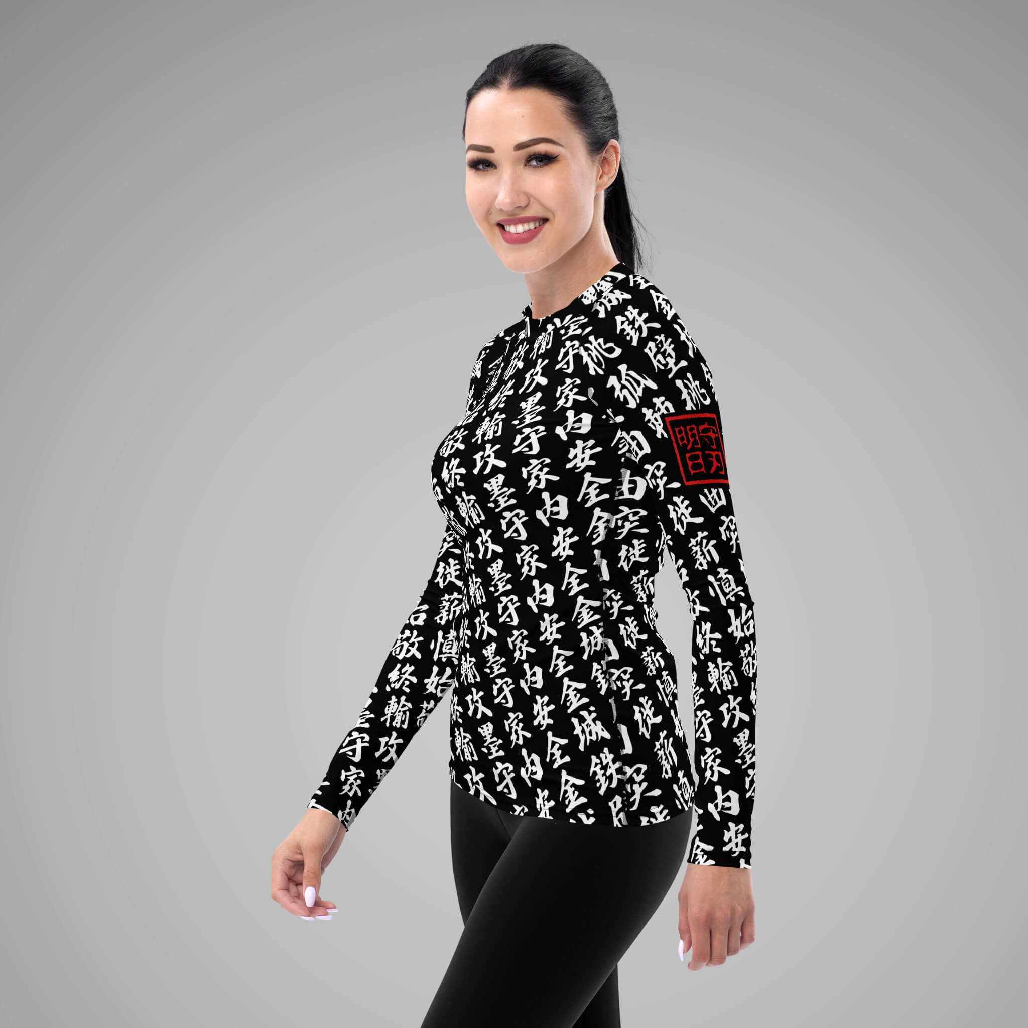 Women's BJJ Long Sleeve Rash Guard TOO MUCH KANJI Black/White Left View 1