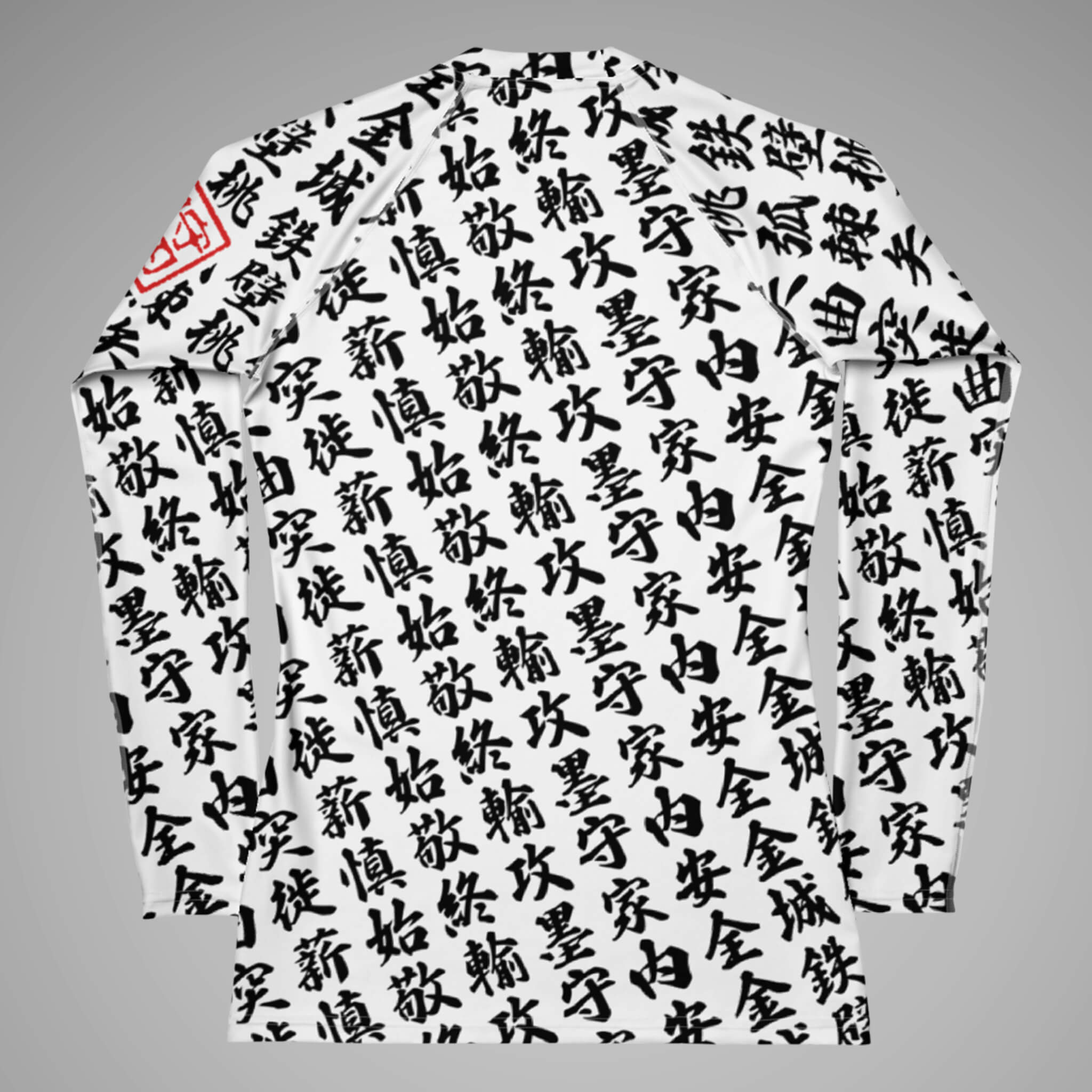 Women's BJJ Long Sleeve Rash Guard TOO MUCH KANJI White/Black Back view 1