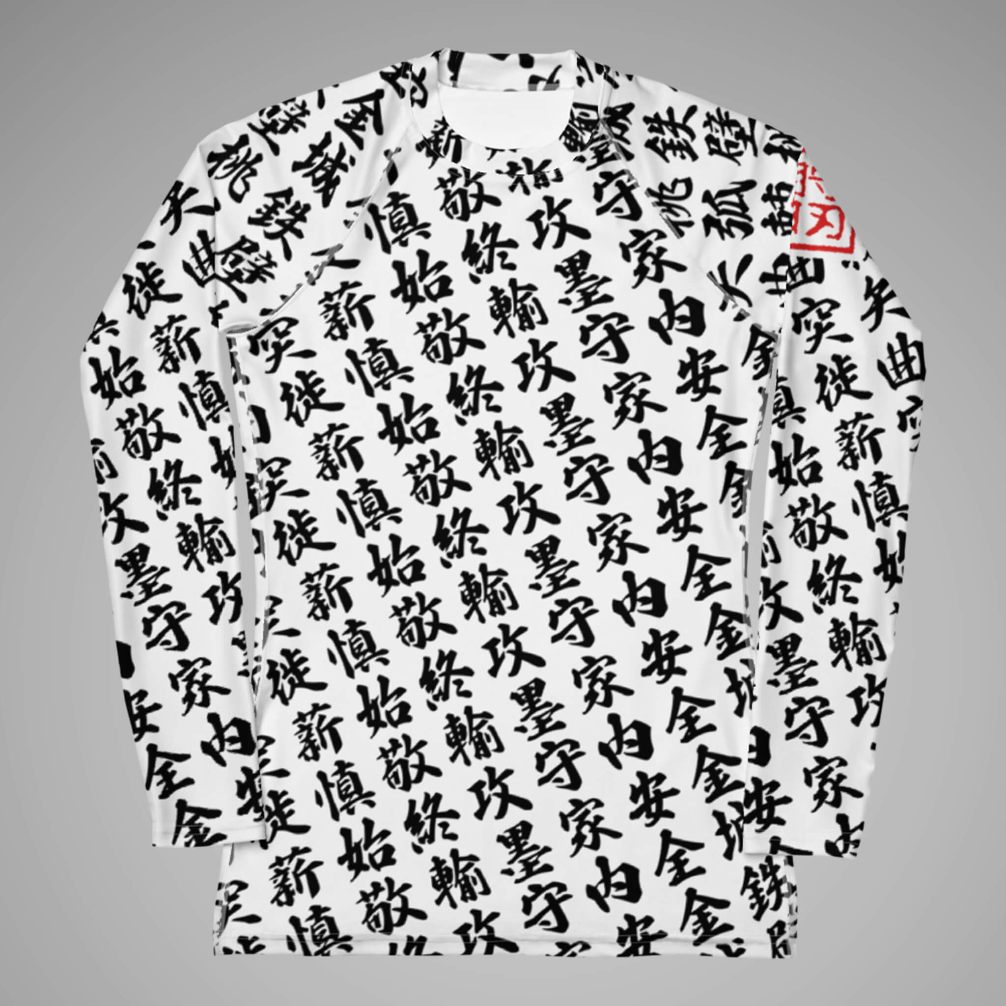 Women's BJJ Long Sleeve Rash Guard TOO MUCH KANJI White/Black Front view 1