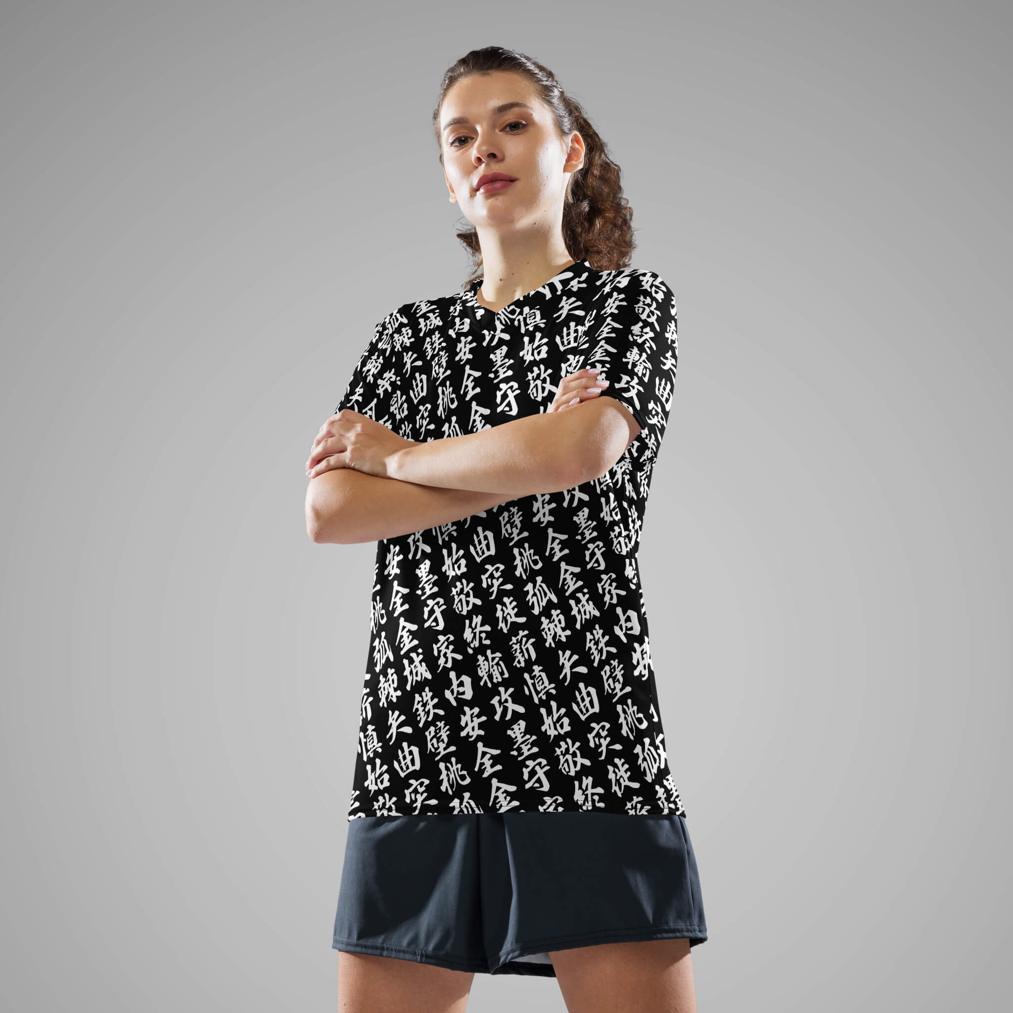 Women's Sports Jersey TOO MUCH KANJI Black/White Front View 2