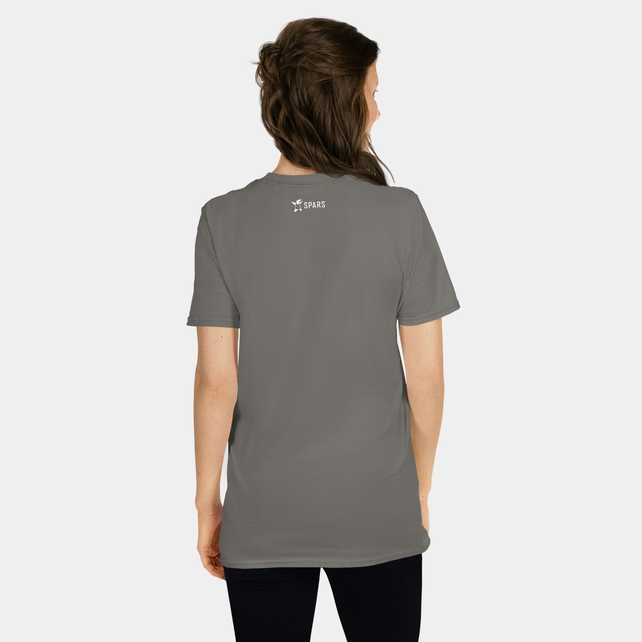 Woman wearing the Women’s BJJ KATAKANA Daily Tee in Charcoal, back view with SPARS neck logo
