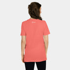 Woman wearing the Women’s BJJ KATAKANA Daily Tee in Coral Silk, back view with SPARS neck logo