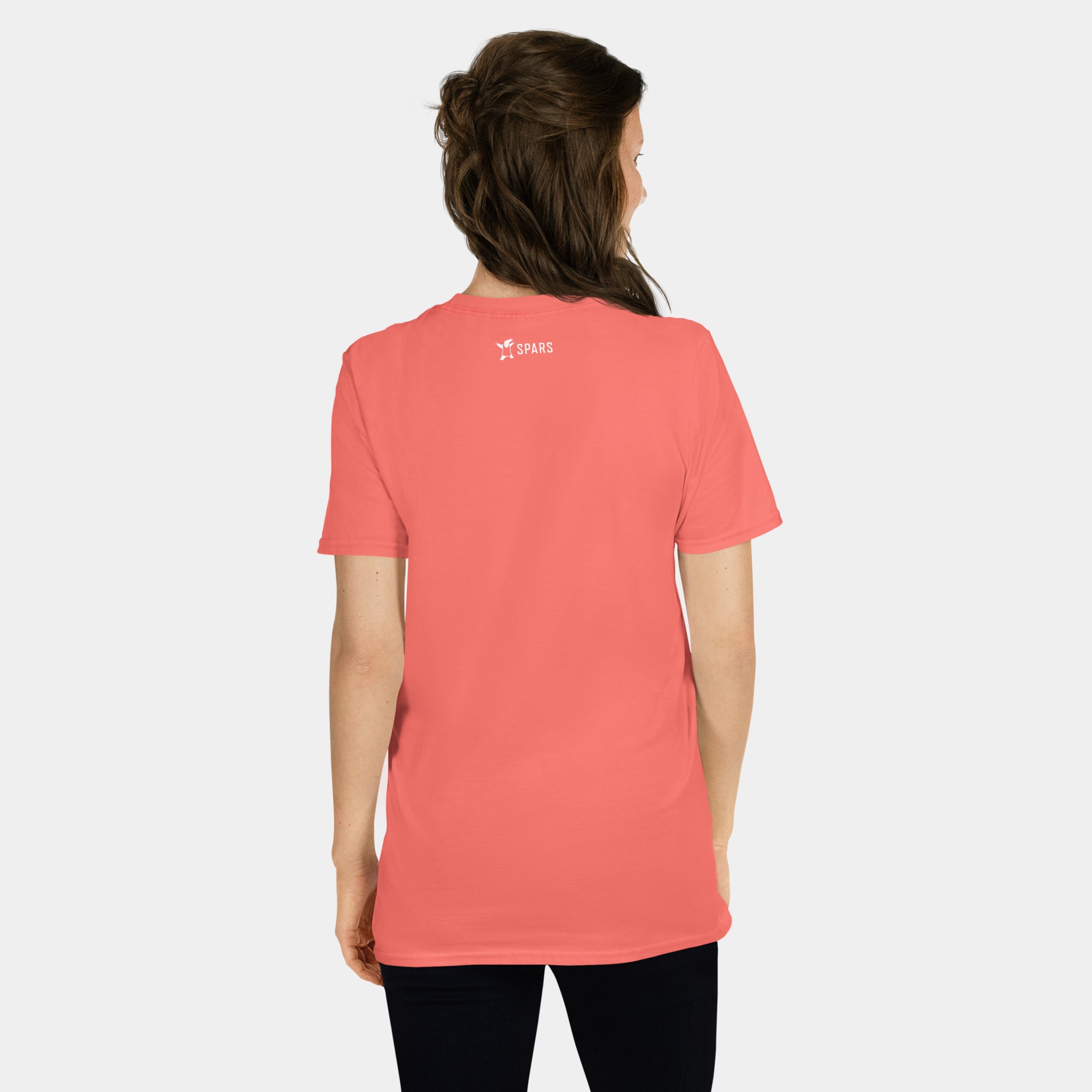 Woman wearing the Women’s BJJ KATAKANA Daily Tee in Coral Silk, back view with SPARS neck logo