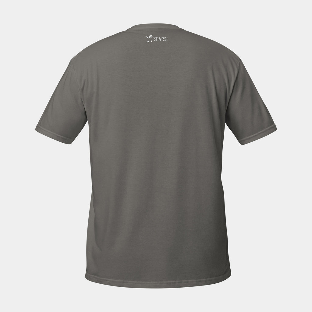 Women’s BJJ KATAKANA Daily Tee in Charcoal, back view with white SPARS neck logo
