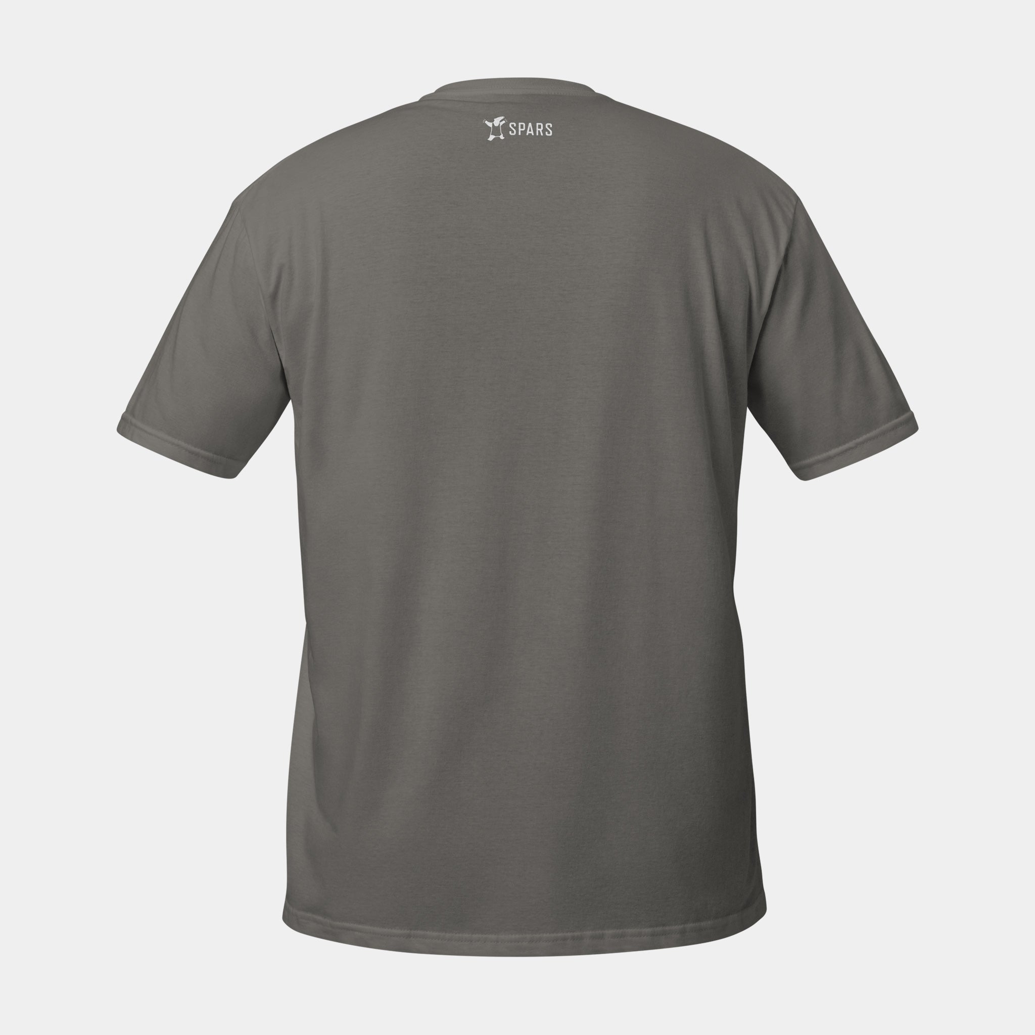 Women’s BJJ KATAKANA Daily Tee in Charcoal, back view with white SPARS neck logo
