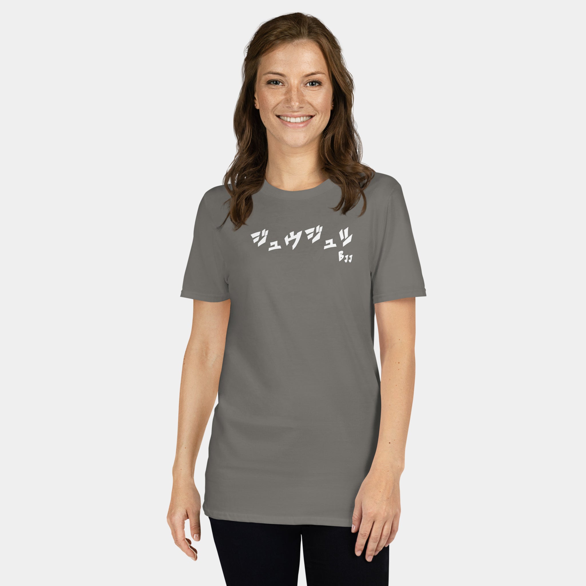 Woman wearing the Women’s BJJ KATAKANA Daily Tee in Charcoal, front view