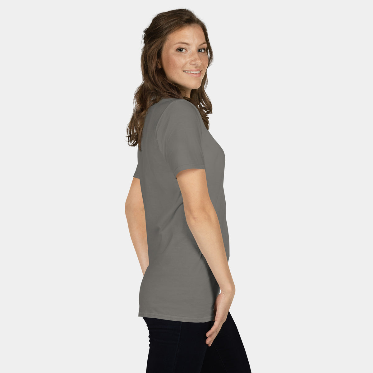Woman wearing the Women’s BJJ KATAKANA Daily Tee in Charcoal, right side view