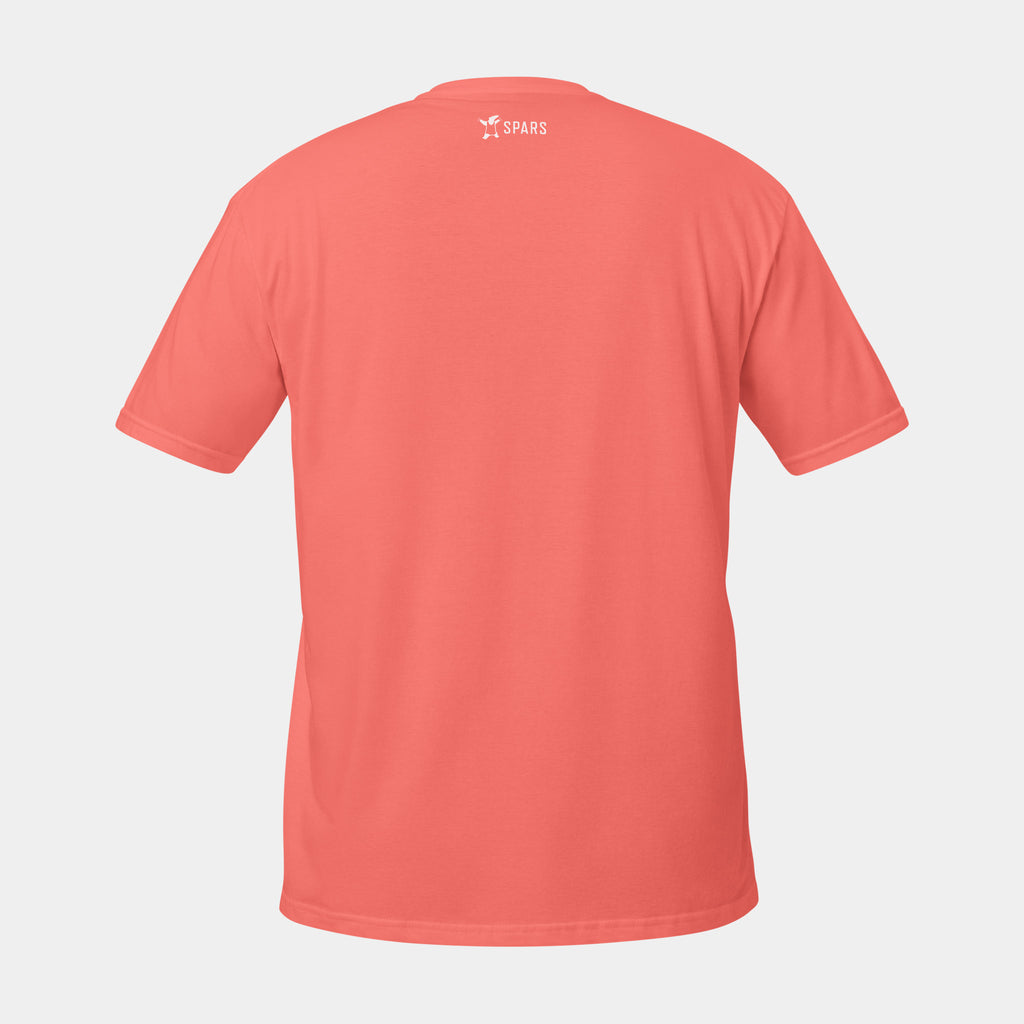 Women’s BJJ KATAKANA Daily Tee in Coral Silk, back view with white SPARS neck logo