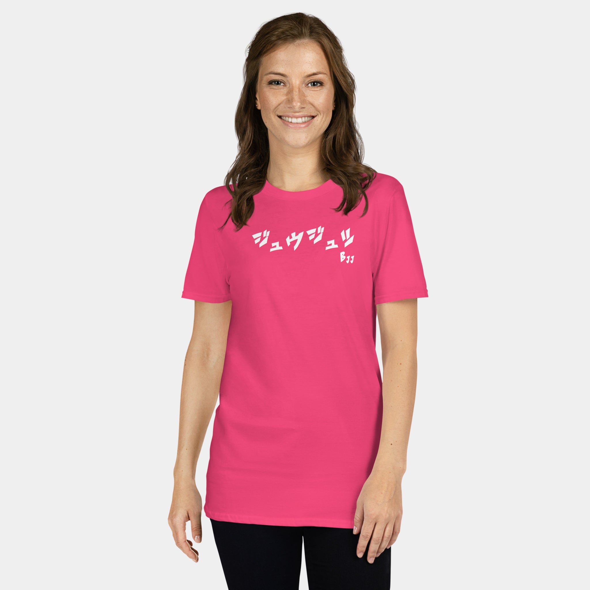 Woman wearing the Women’s BJJ KATAKANA Daily Tee in Heliconia, front view