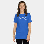 Woman wearing the Women’s BJJ KATAKANA Daily Tee in Royal, front view showing the white chest print.
