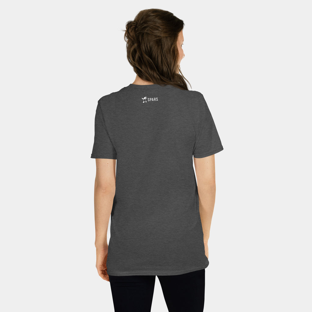 Woman wearing the Women’s BJJ KATAKANA Daily Tee in Dark Heather Grey, back view with SPARS neck logo