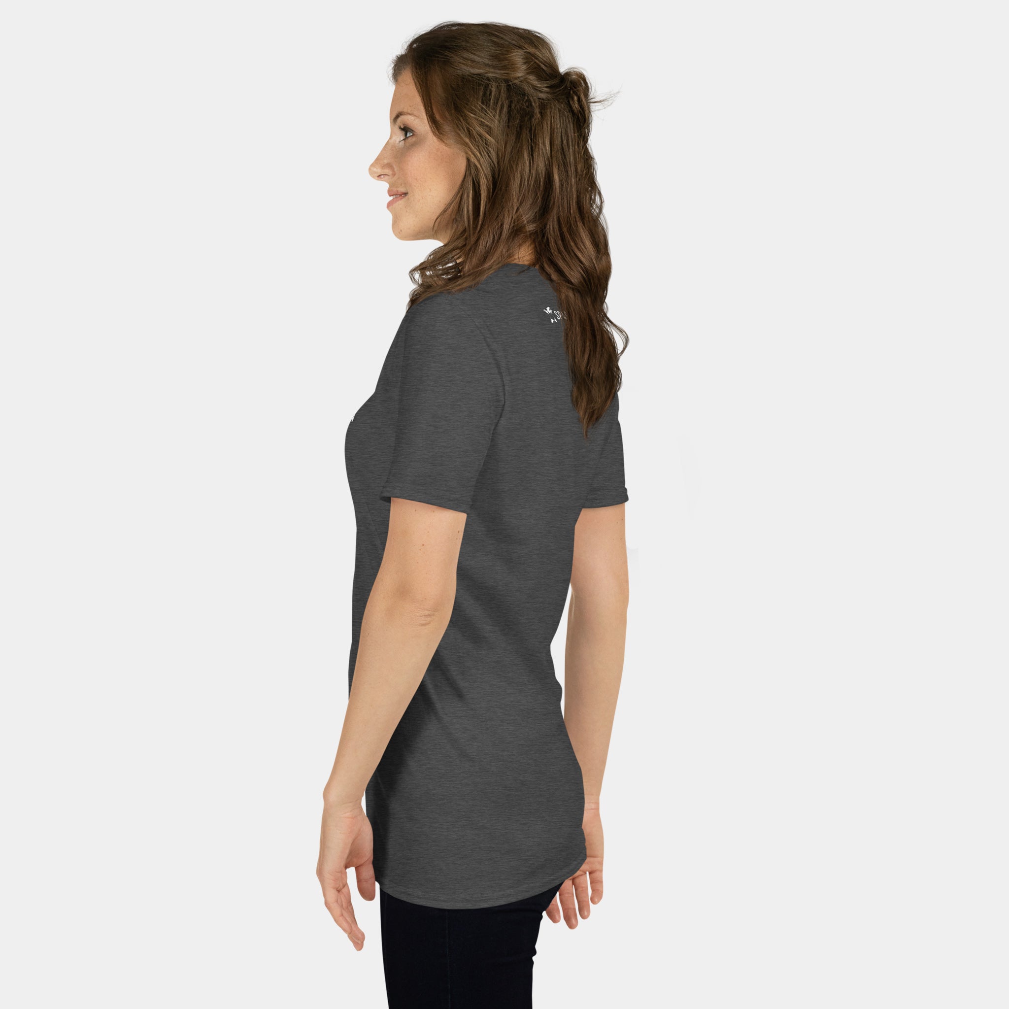 Woman wearing the Women’s BJJ KATAKANA Daily Tee in Dark Heather Grey, left side view