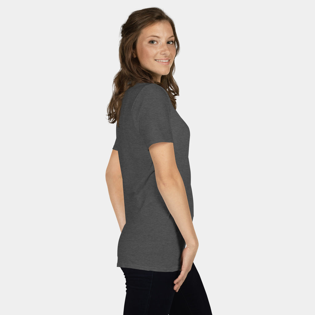 Woman wearing the Women’s BJJ KATAKANA Daily Tee in Dark Heather Grey, right side view