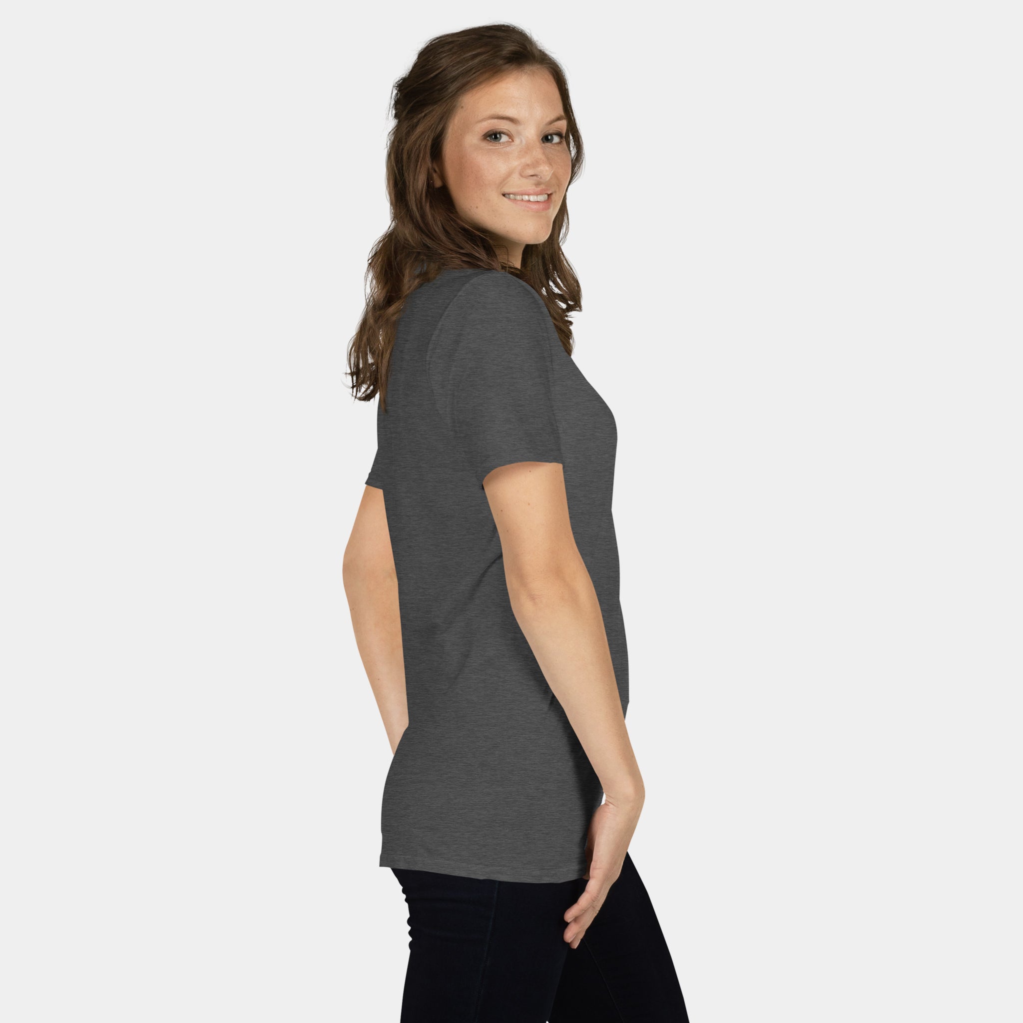 Woman wearing the Women’s BJJ KATAKANA Daily Tee in Dark Heather Grey, right side view