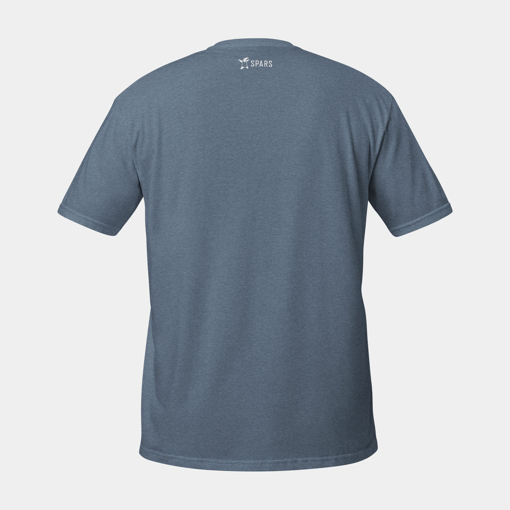 Women’s BJJ KATAKANA Daily Tee in Heather Indigo, back view with white SPARS neck logo