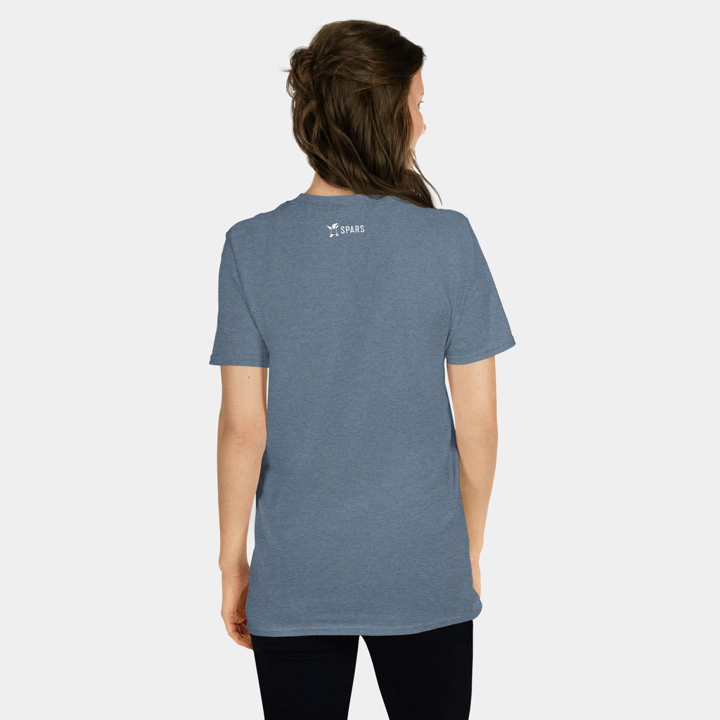 Woman wearing the Women’s BJJ KATAKANA Daily Tee in Heather Indigo, back view with SPARS neck logo