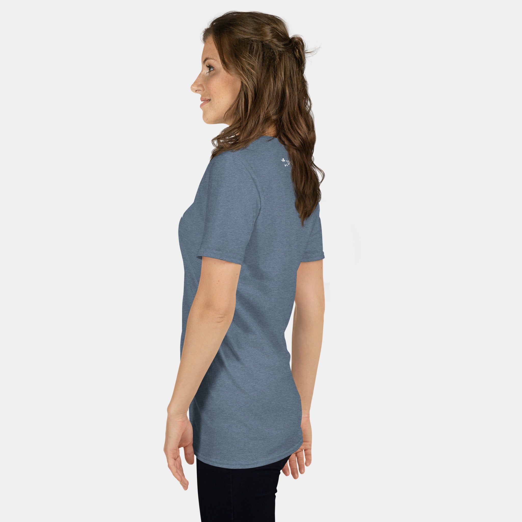 Woman wearing the Women’s BJJ KATAKANA Daily Tee in Heather Indigo, left side view