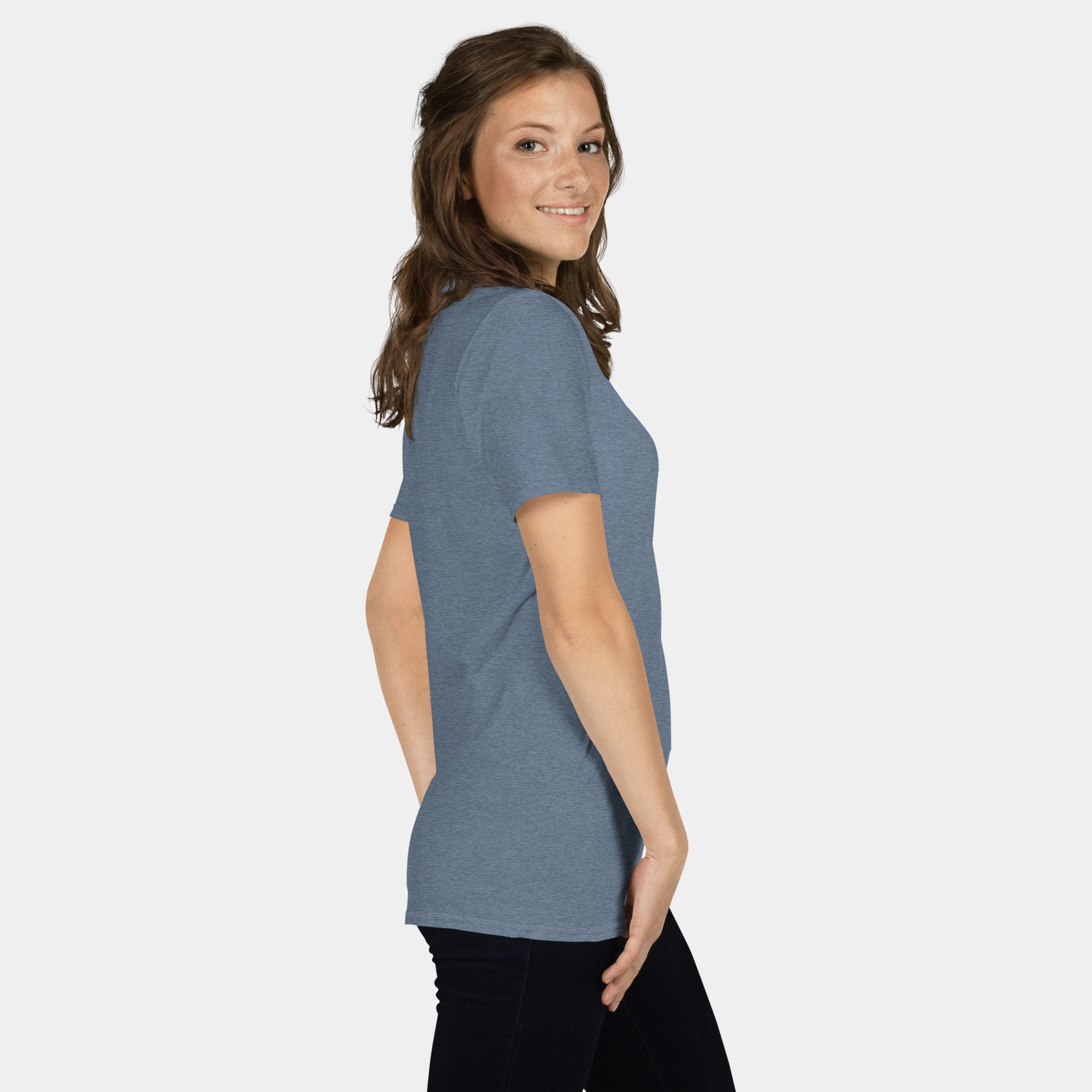 Woman wearing the Women’s BJJ KATAKANA Daily Tee in Heather Indigo, right side view