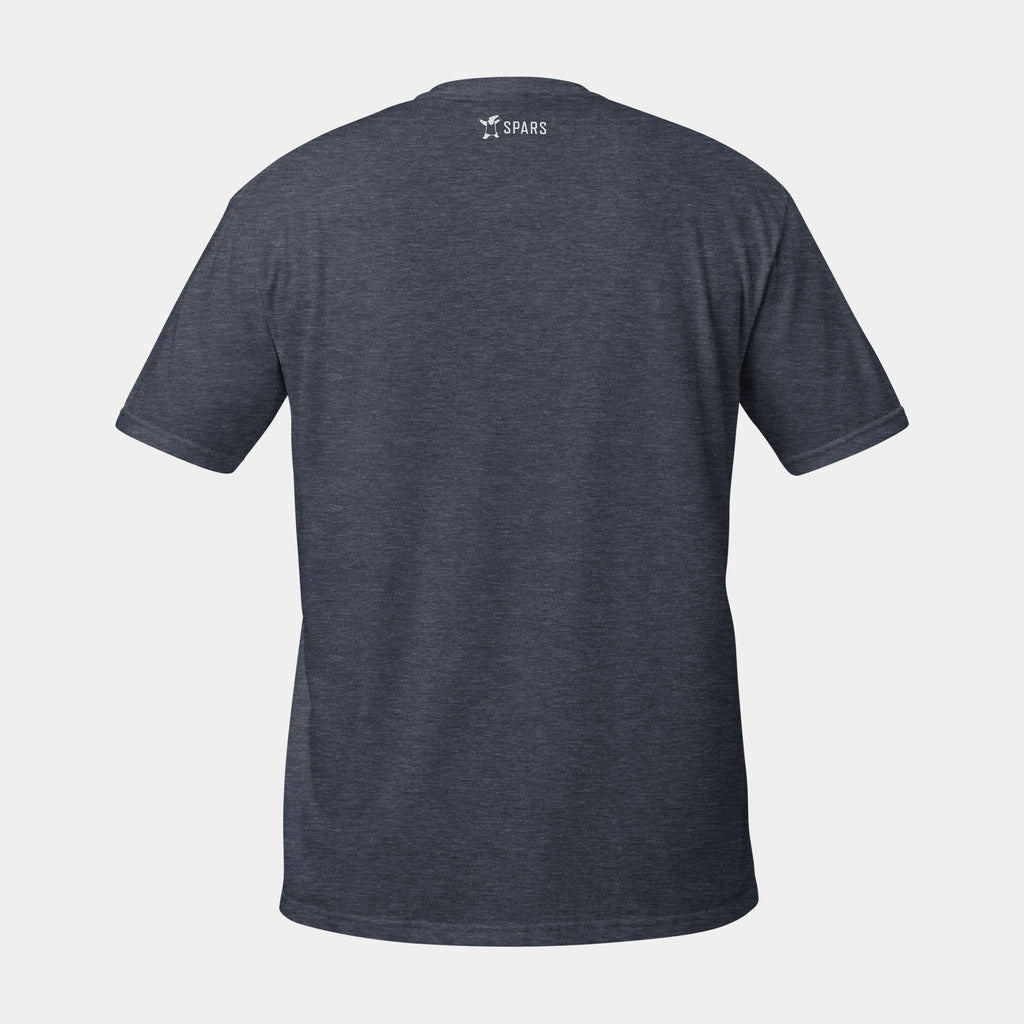 Women’s BJJ KATAKANA Daily Tee in Heather Navy, back view with white SPARS neck logo