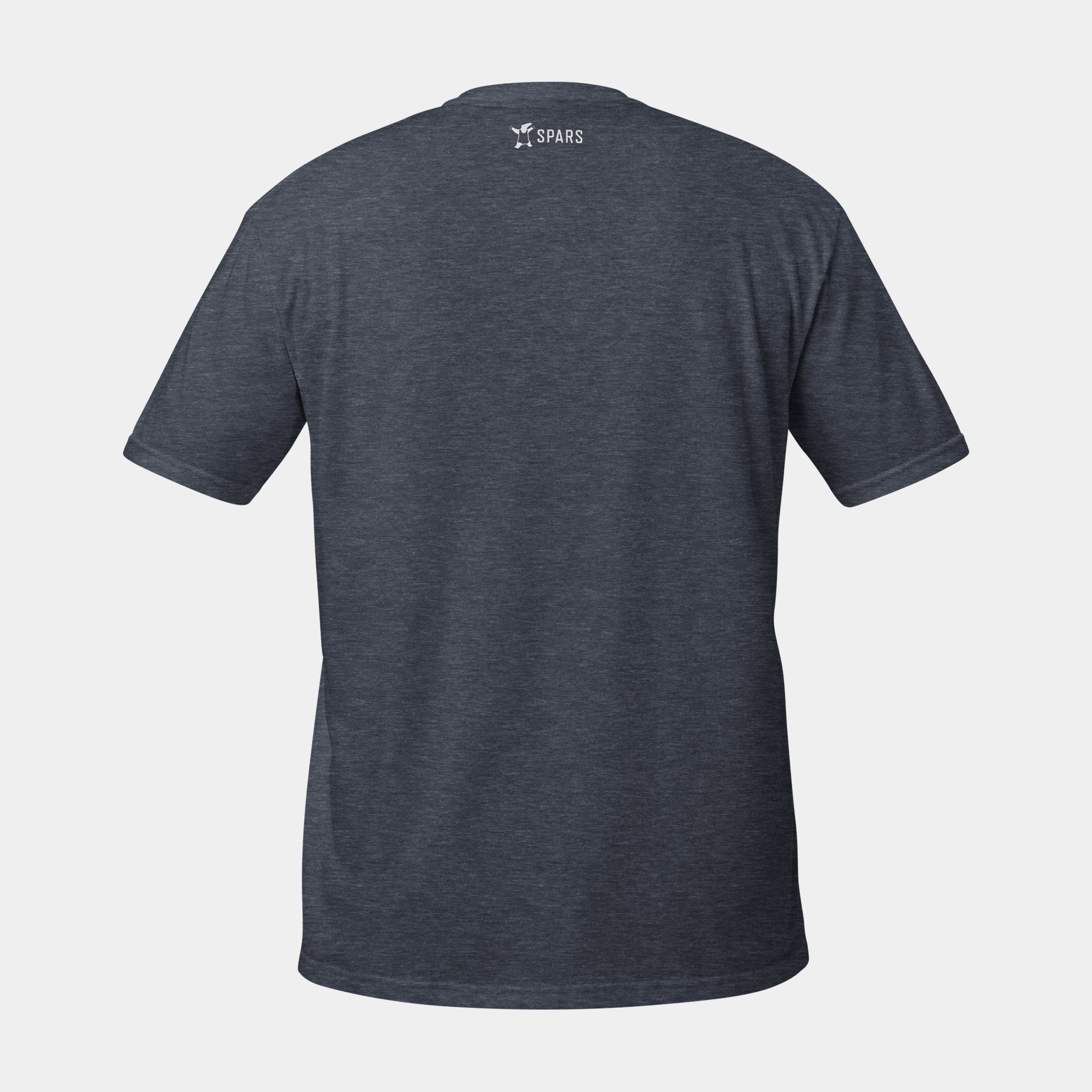 Women’s BJJ KATAKANA Daily Tee in Heather Navy, back view with white SPARS neck logo