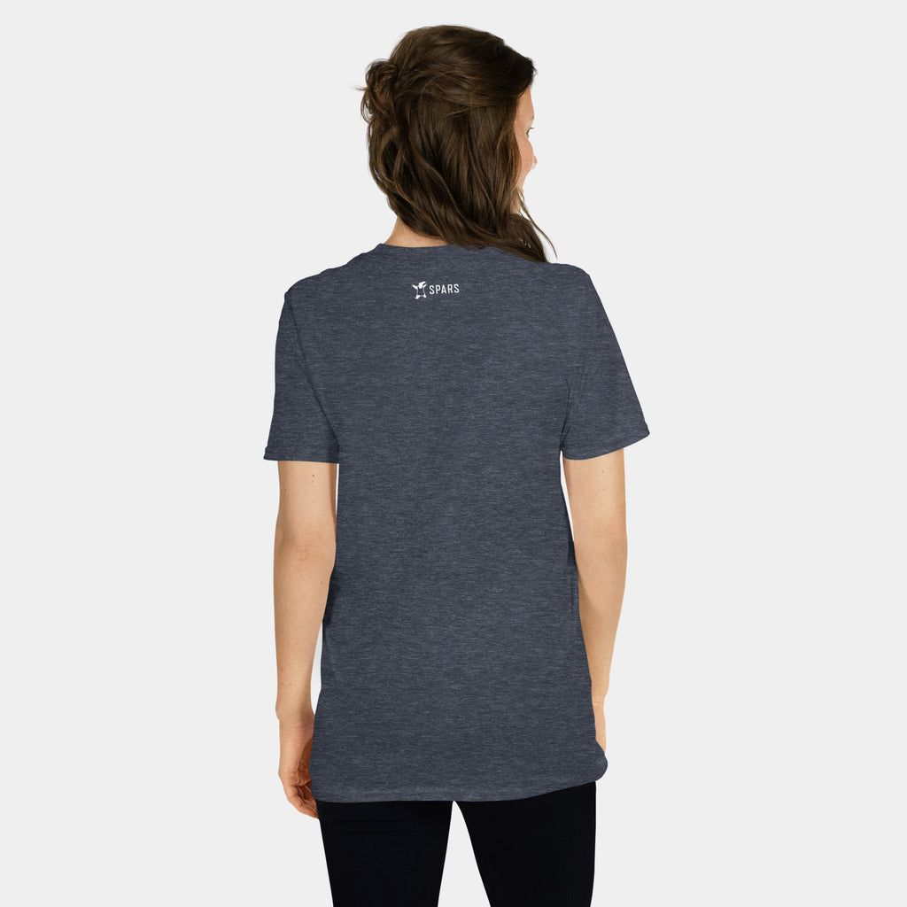 Woman wearing the Women’s BJJ KATAKANA Daily Tee in Heather Navy, back view with SPARS neck logo