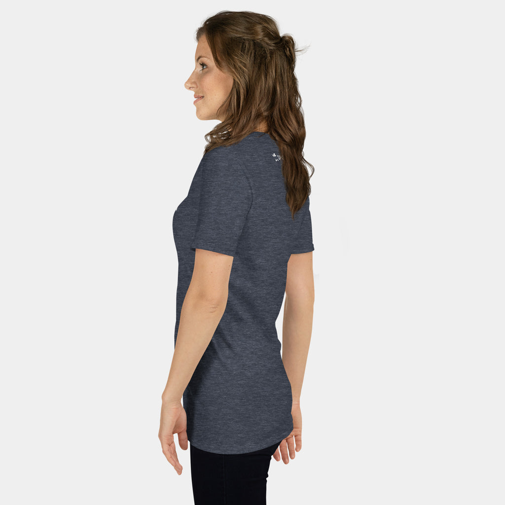 Woman wearing the Women’s BJJ KATAKANA Daily Tee in Heather Navy, left side view
