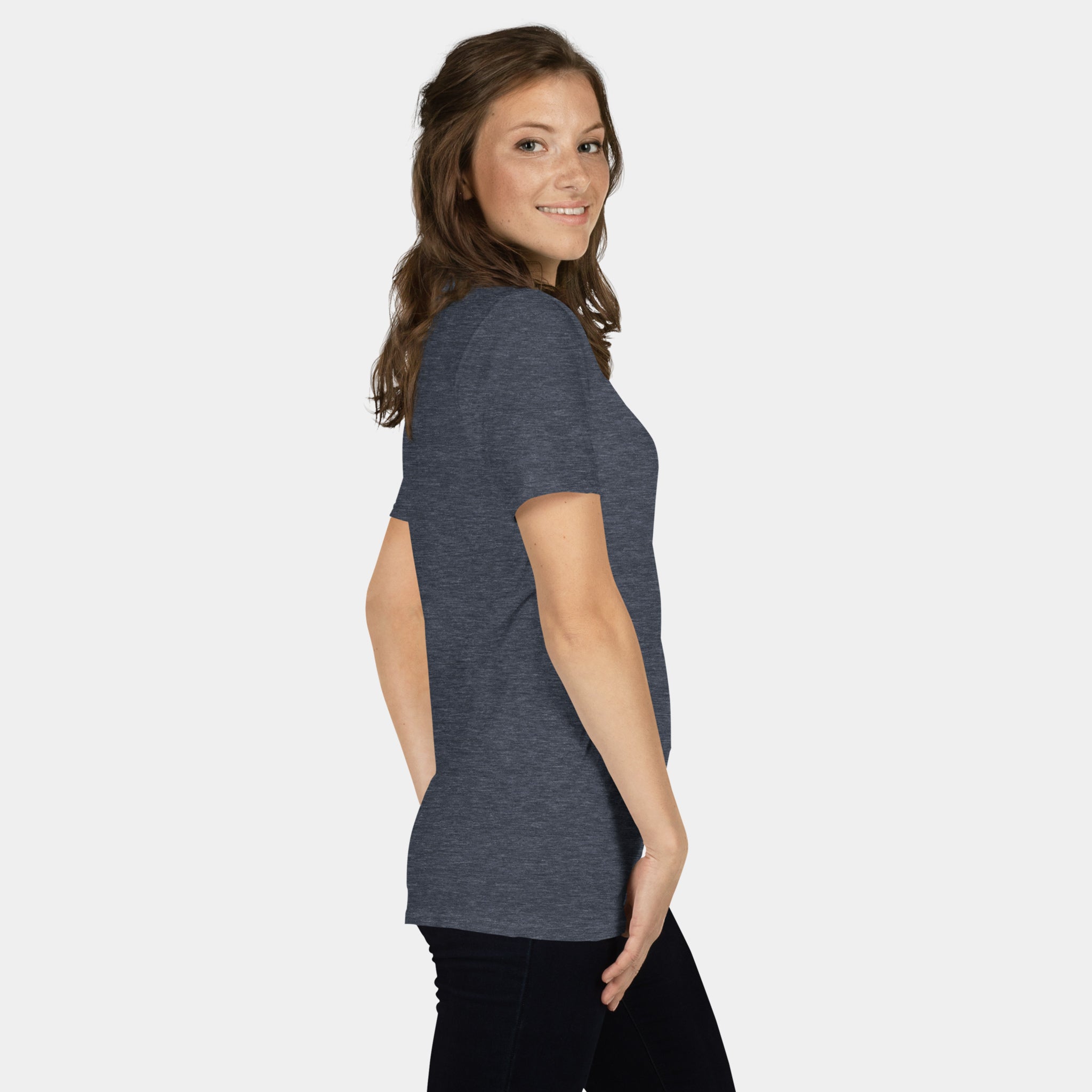 Woman wearing the Women’s BJJ KATAKANA Daily Tee in Heather Navy, right side view