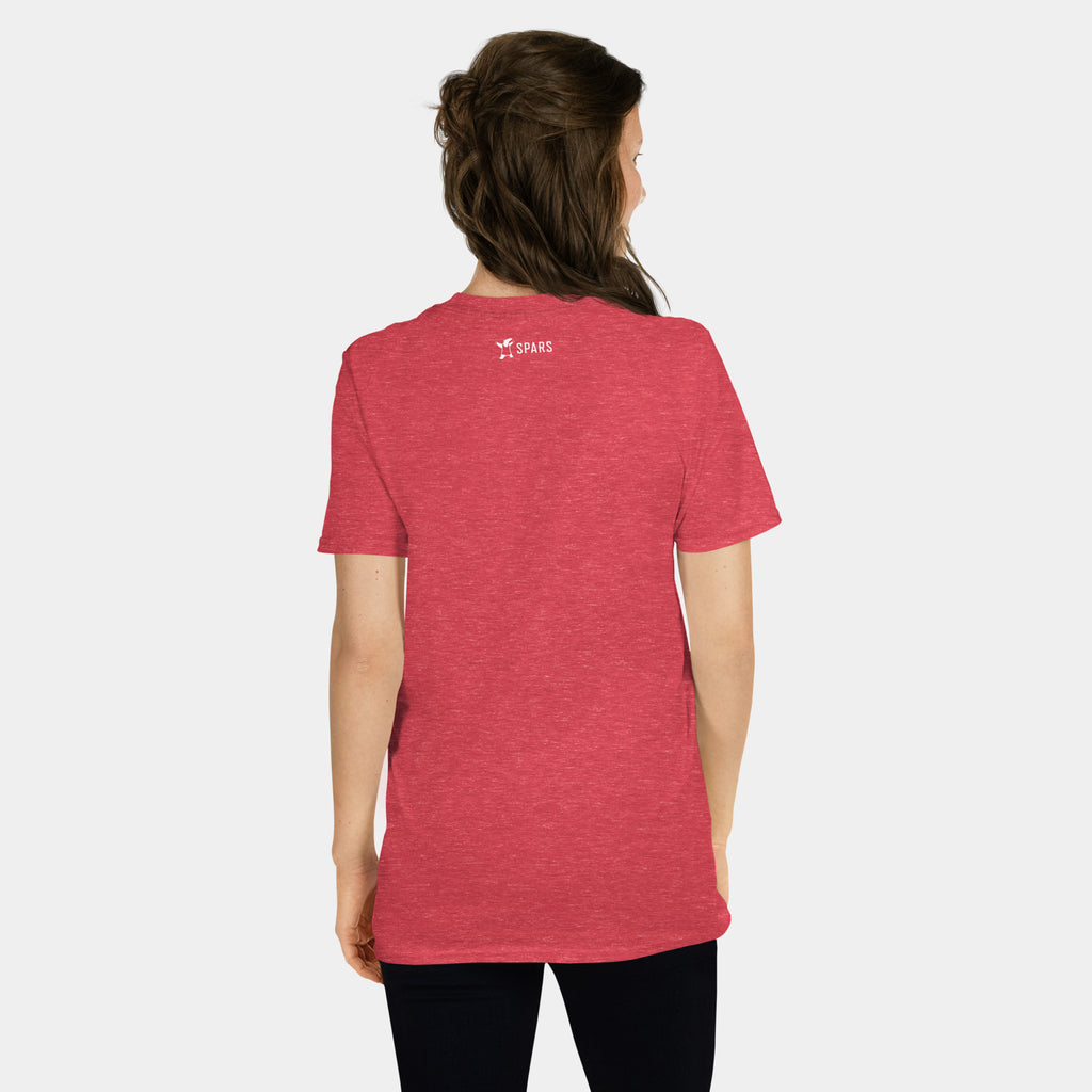 Female model wearing the Women’s BJJ KATAKANA Daily Tee in Heather Red, back view