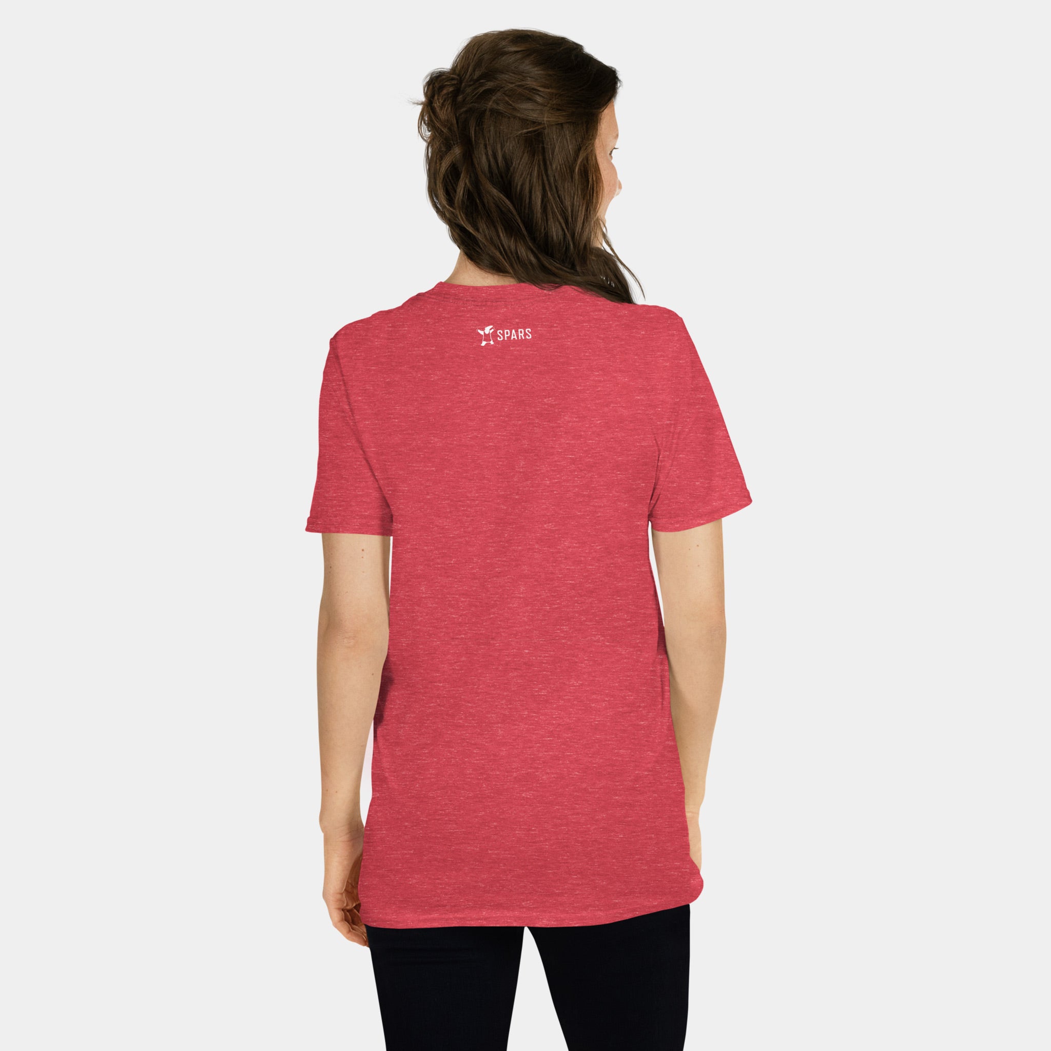 Female model wearing the Women’s BJJ KATAKANA Daily Tee in Heather Red, back view