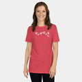 Female model wearing the Women’s BJJ KATAKANA Daily Tee in Heather Red, front view
