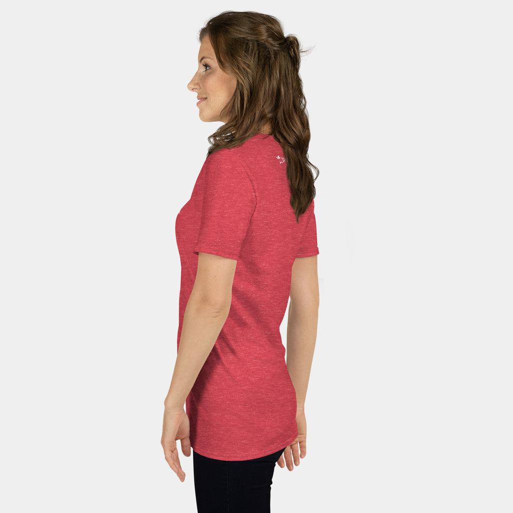 Female model wearing the Women’s BJJ KATAKANA Daily Tee in Heather Red, left side view