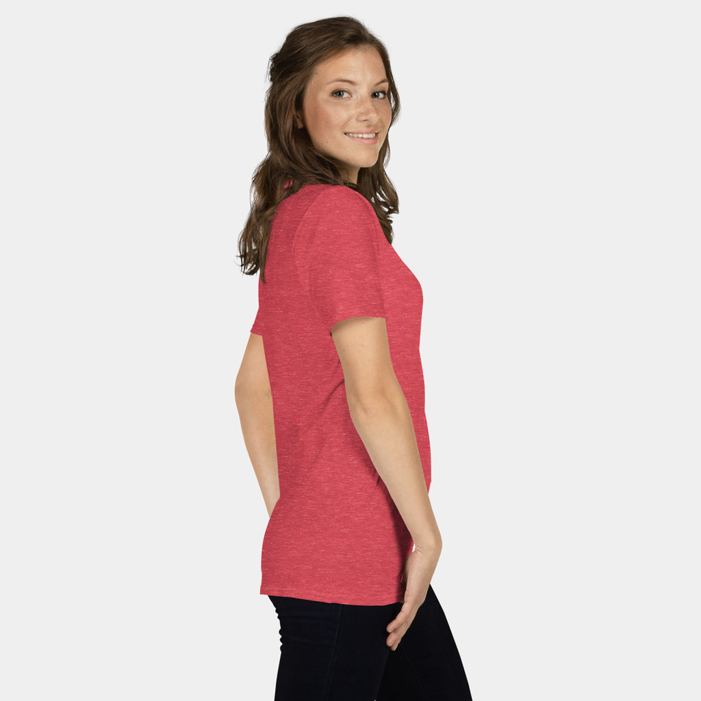 Female model wearing the Women’s BJJ KATAKANA Daily Tee in Heather Red, right side view