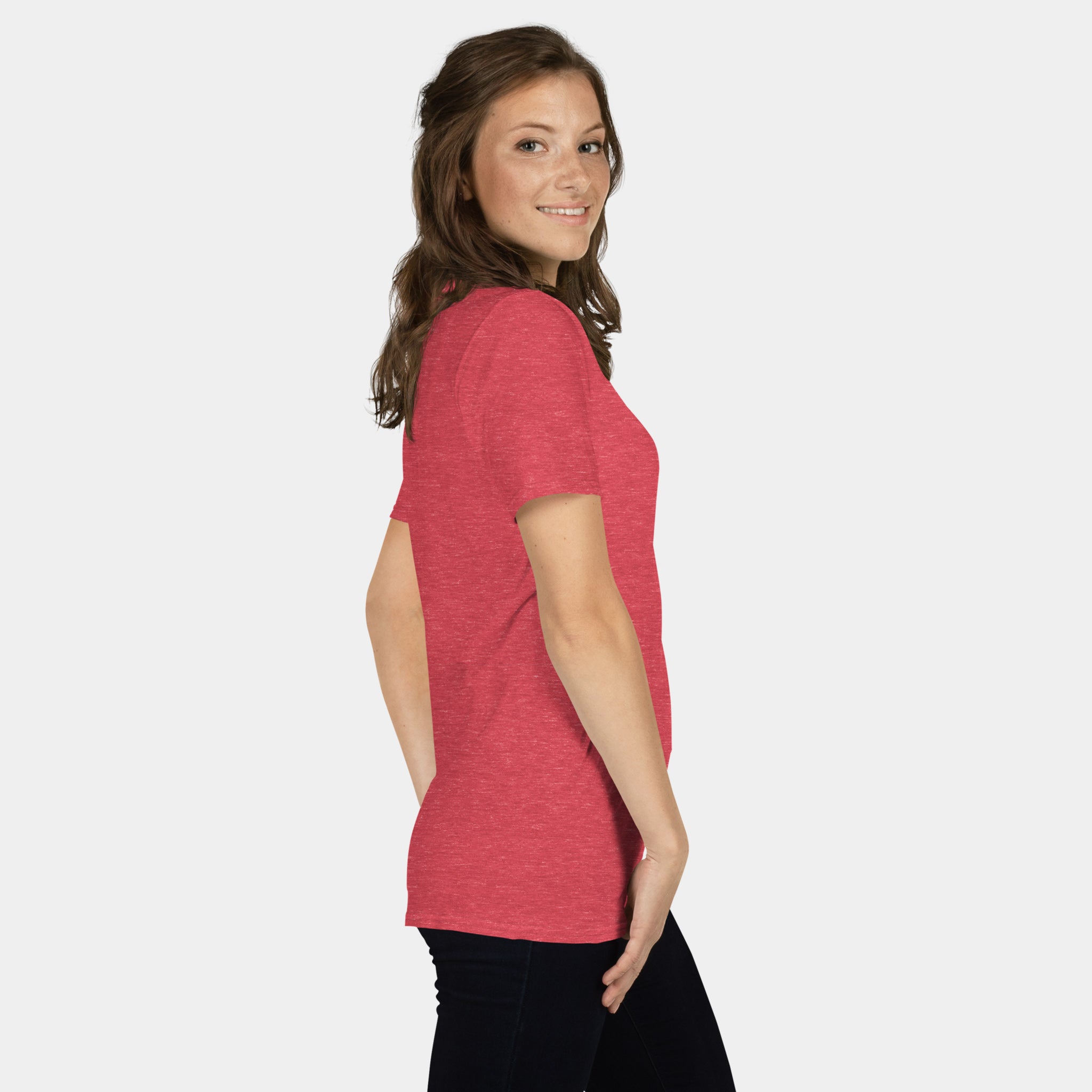 Female model wearing the Women’s BJJ KATAKANA Daily Tee in Heather Red, right side view
