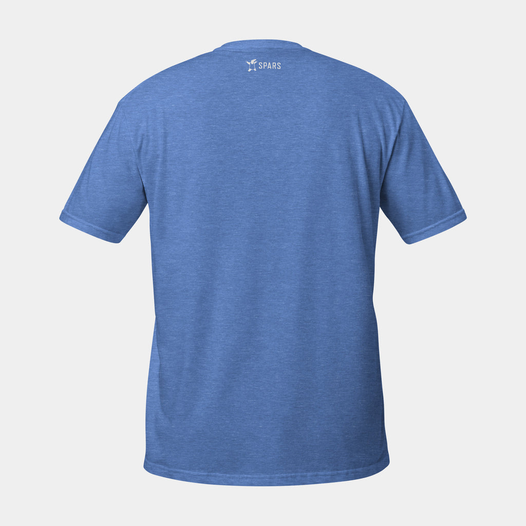 Women’s BJJ KATAKANA Daily Tee in Heather Royal, back view with white SPARS neck logo