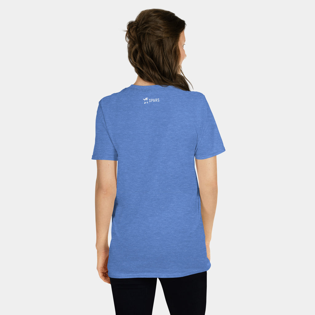 Woman wearing the Women’s BJJ KATAKANA Daily Tee in Heather Royal, back view