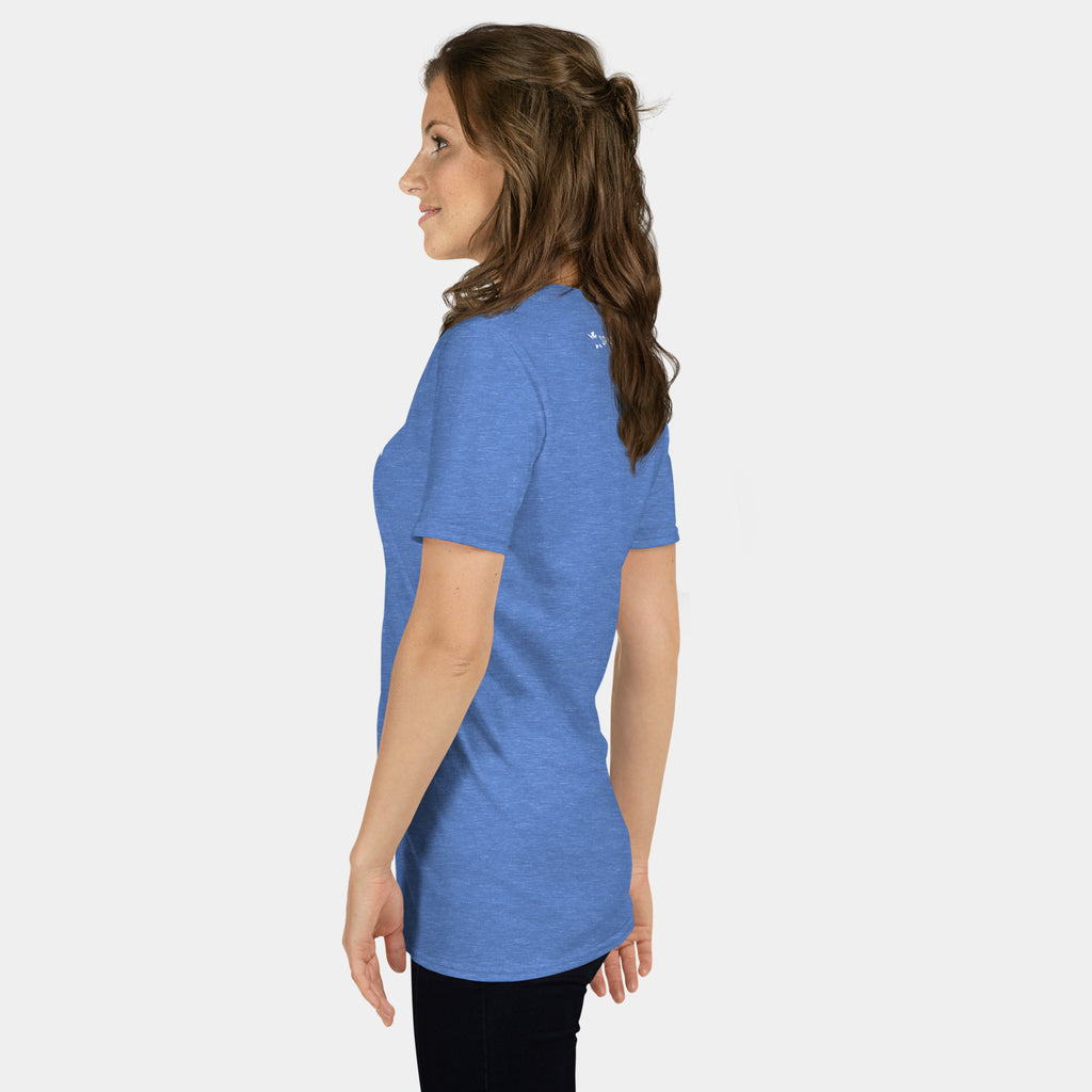 Woman wearing the Women’s BJJ KATAKANA Daily Tee in Heather Royal, left side view