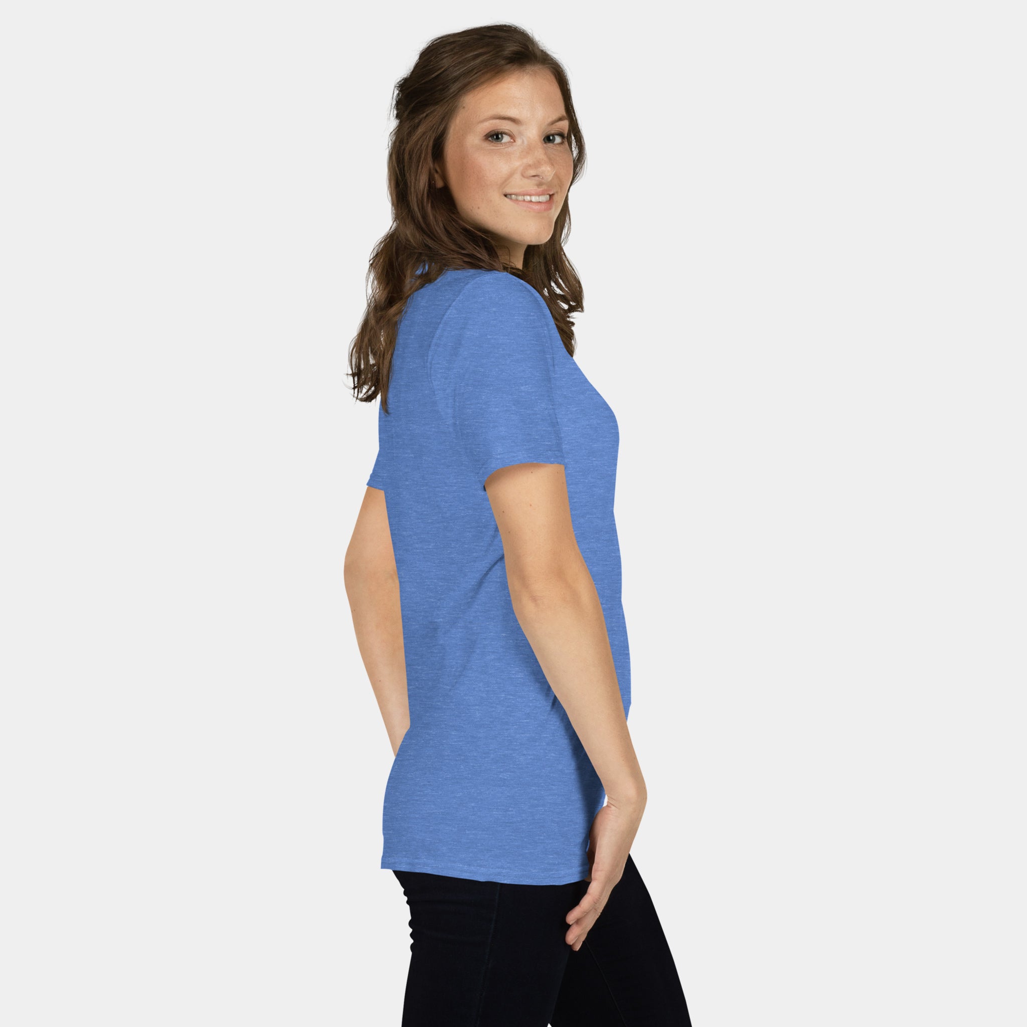 Woman wearing the Women’s BJJ KATAKANA Daily Tee in Heather Royal, right side view