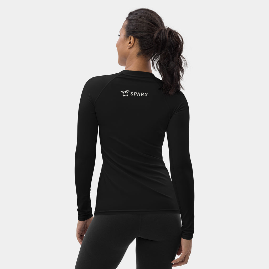 Woman wearing the Women’s BJJ KATAKANA Long-Sleeve Rash Guard in Iron Black, back view with off-white SPARS upper-back logo